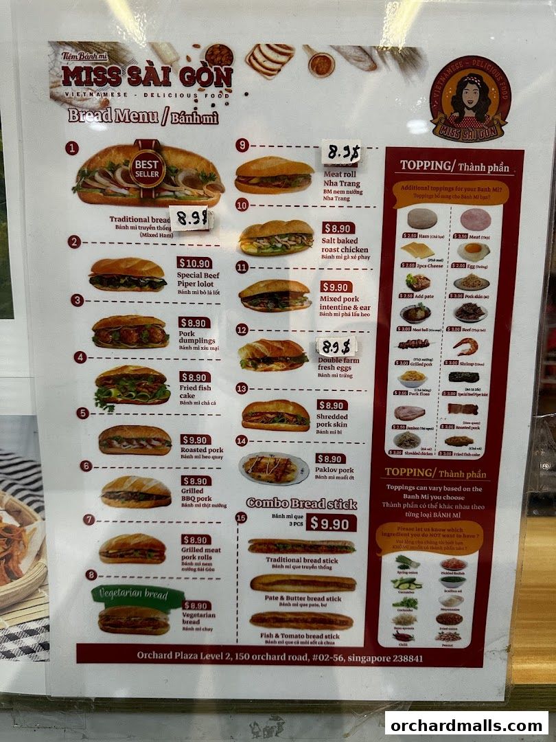A menu for Miss Saigon Singapore featuring Vietnamese bread and toppings.