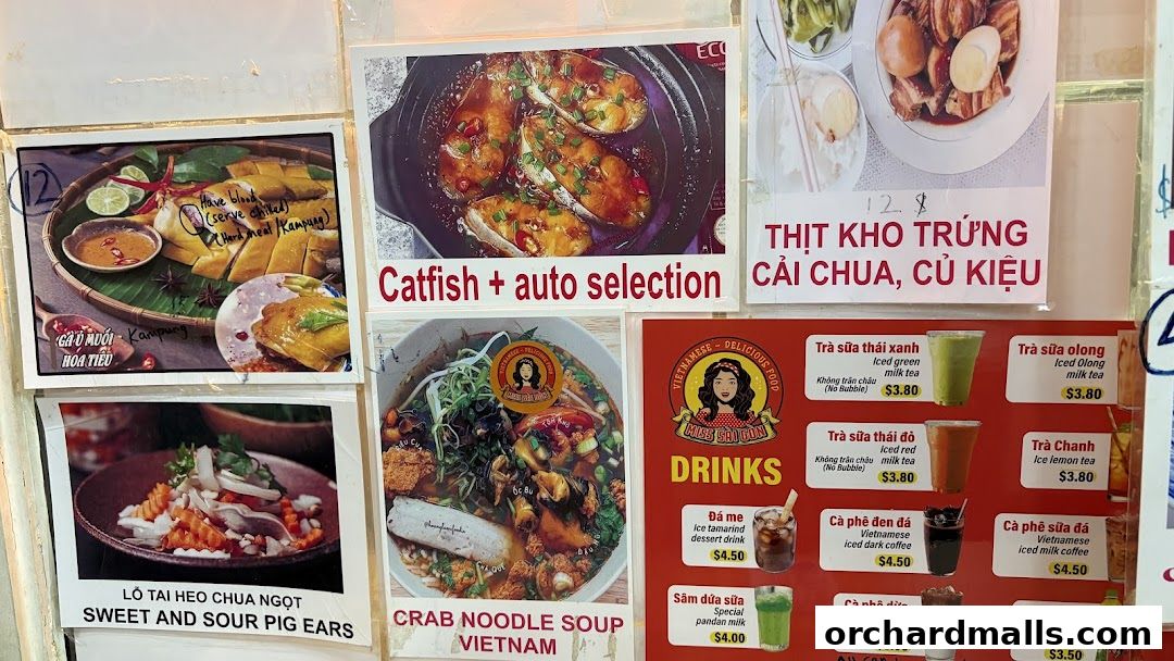 A collage of Vietnamese food and drink photos with prices and descriptions.