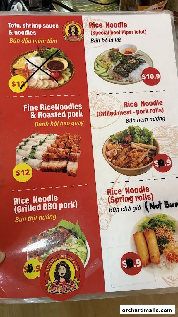 A menu from Miss Saigon Singapore featuring various Vietnamese rice noodle dishes.