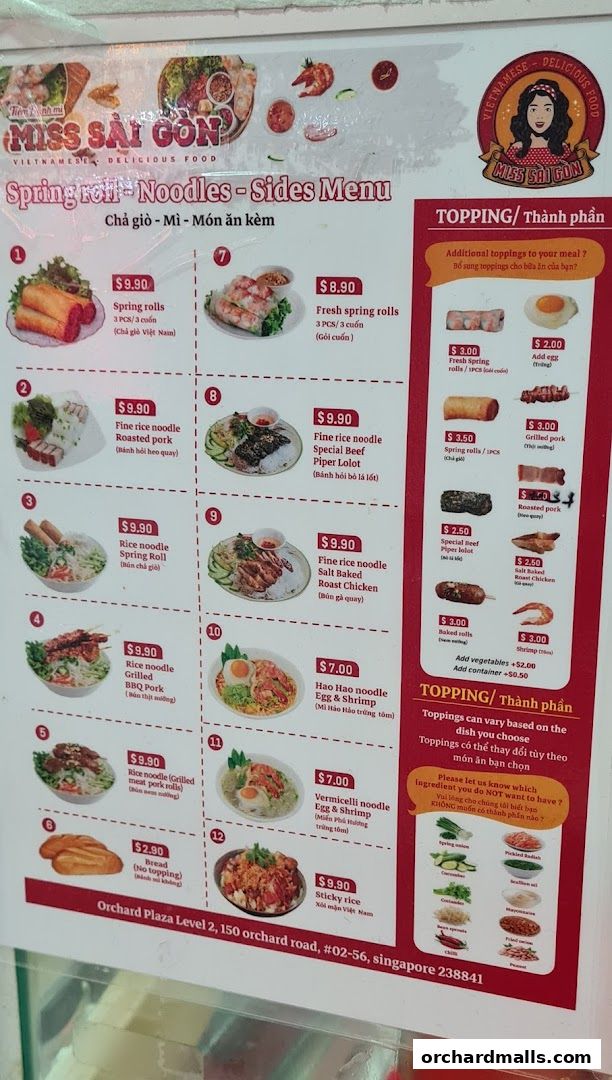 A menu for Miss Saigon Singapore featuring spring rolls, noodles, and sides with prices.