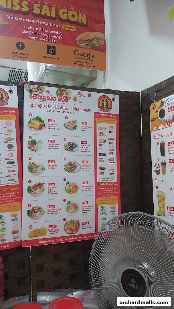 A menu for Miss Saigon Vietnamese Restaurant featuring spring rolls, noodles, and sides.
