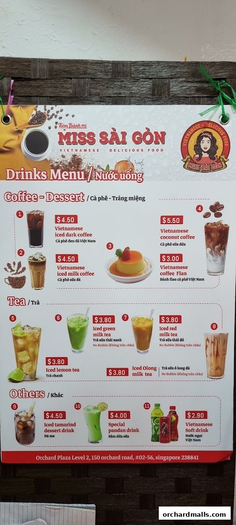 A menu from Miss Saigon Singapore featuring Vietnamese drinks and desserts.