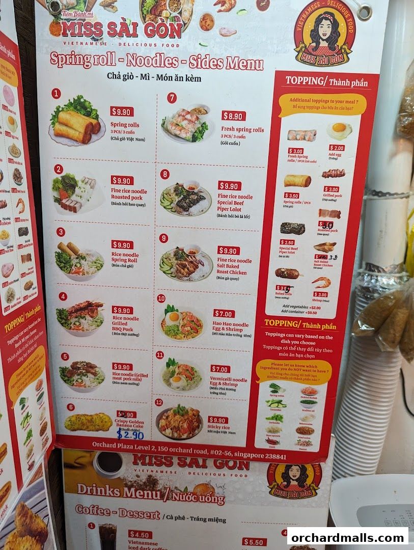 A Vietnamese restaurant menu featuring spring rolls, noodles, sides, and toppings.