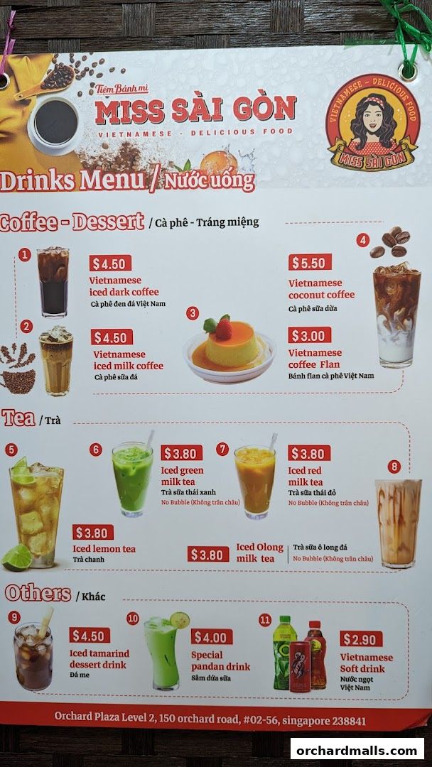 A menu for Miss Saigon Singapore featuring Vietnamese drinks and desserts.