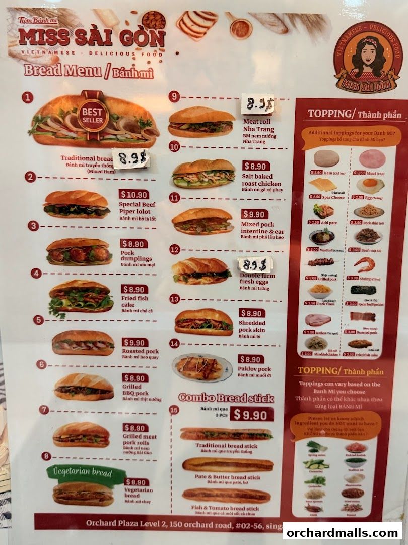 A menu for Miss Saigon Singapore featuring various Banh Mi options and toppings.