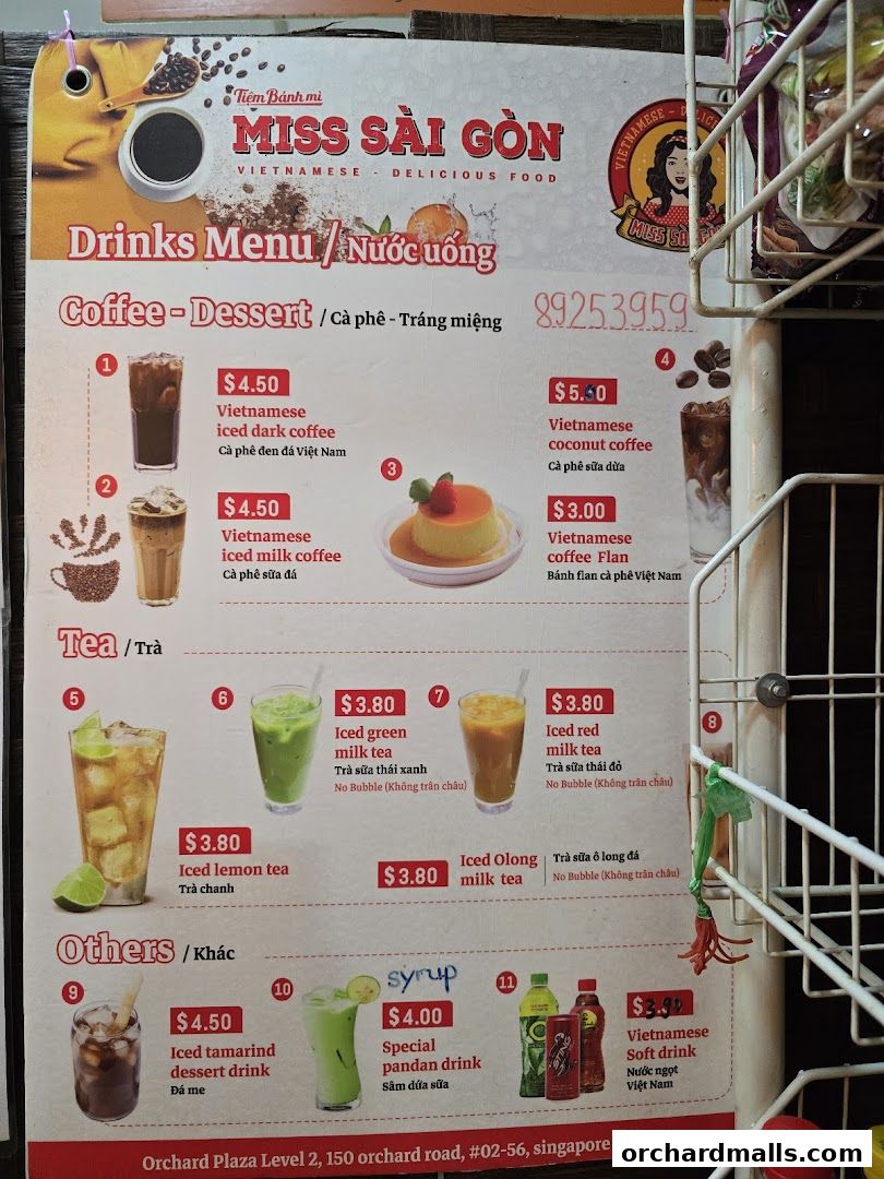 A menu for Miss Saigon Singapore featuring Vietnamese drinks and desserts.