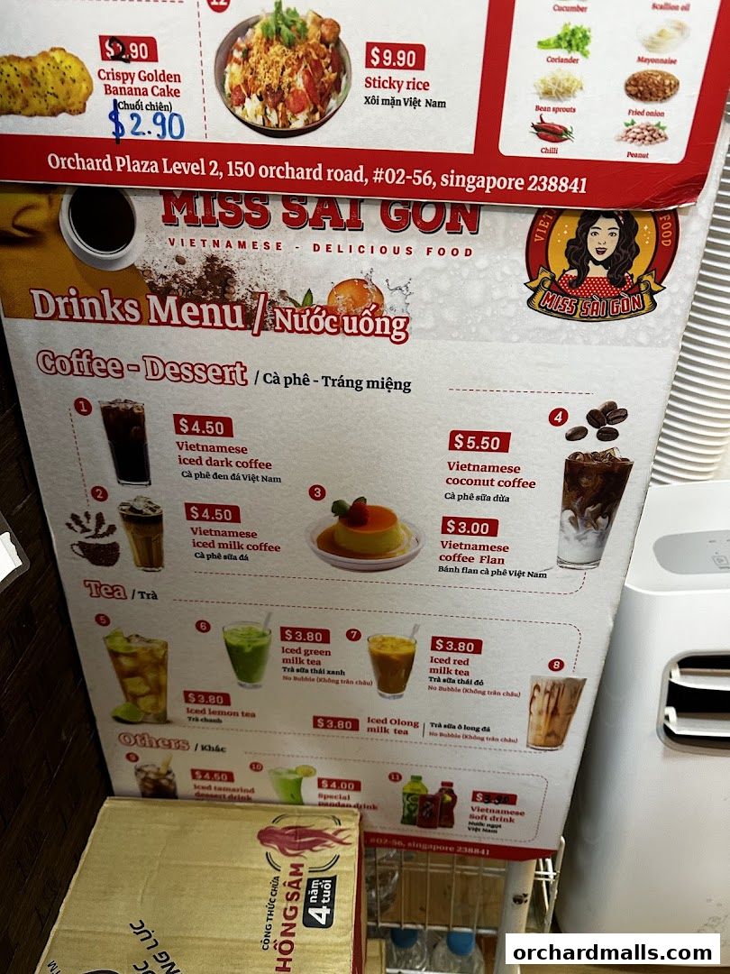 A menu for Miss Saigon Vietnamese restaurant featuring drinks and desserts.