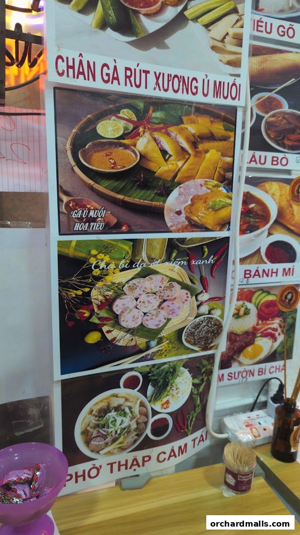 A display of Vietnamese dishes including chicken, sausage, and pho.