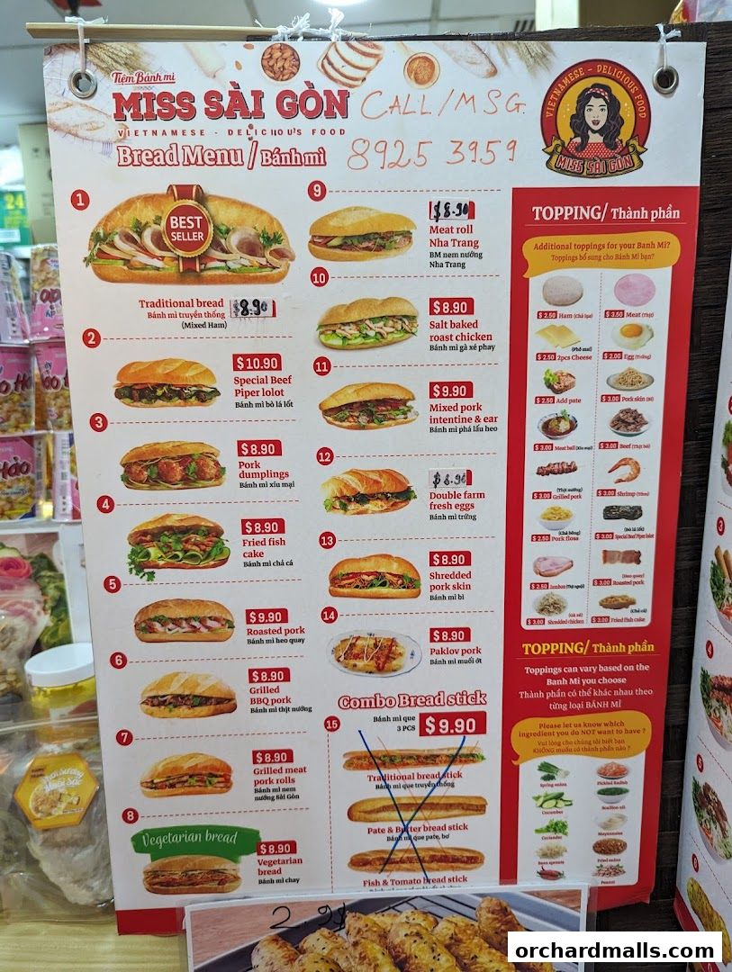 A Vietnamese Banh Mi menu board displaying various sandwich options and toppings.
