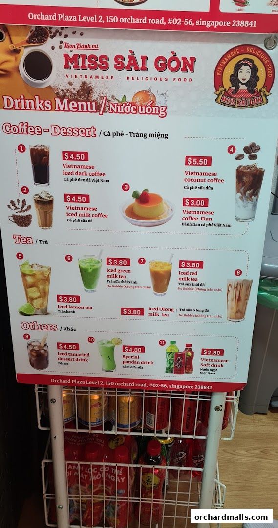 A menu for Miss Saigon Singapore featuring Vietnamese drinks and desserts.