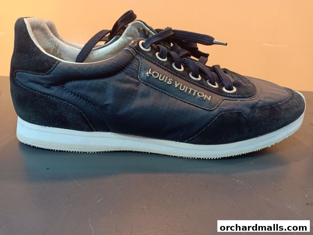 A close-up view of a navy blue Louis Vuitton sneaker with suede accents.