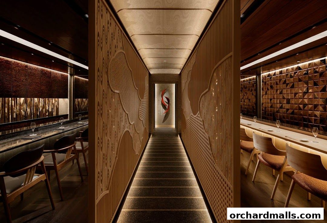 Interior view of a modern restaurant hallway with wooden paneling and elegant seating areas.