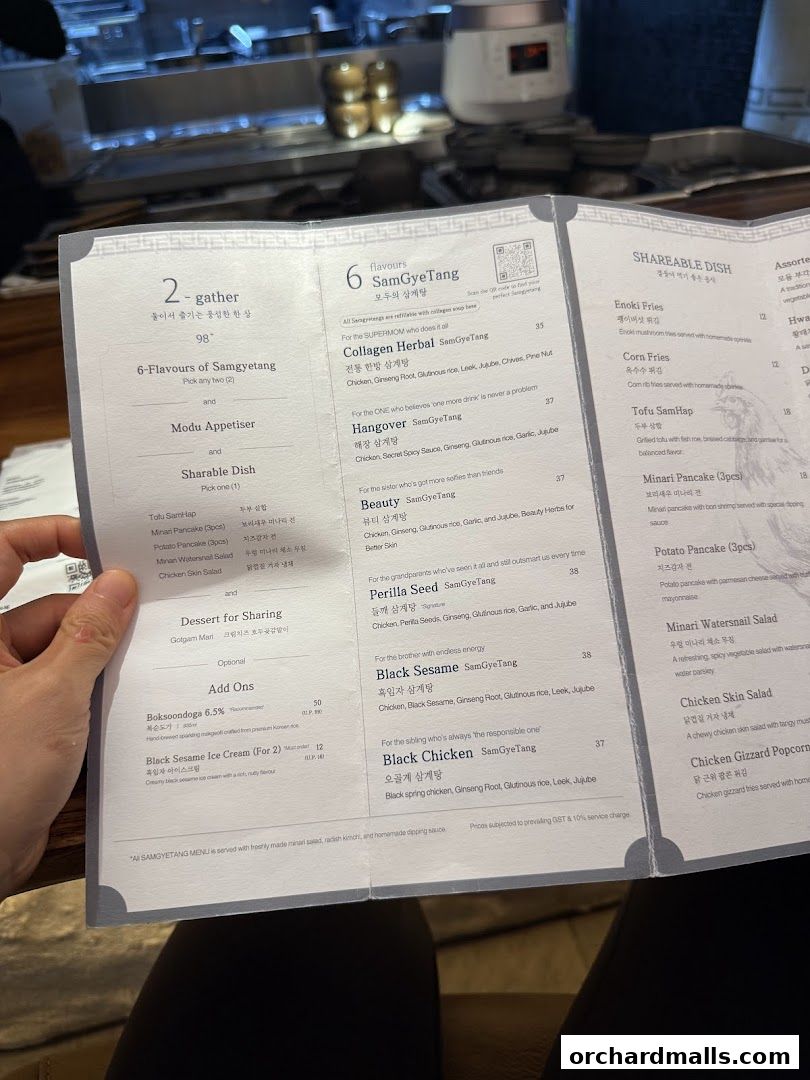 Menu page for MODU Samgyetang Specialty Korean Restaurant  Orchard