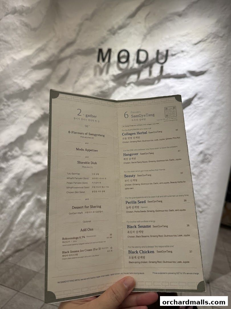 Menu page for MODU Samgyetang Specialty Korean Restaurant  Orchard