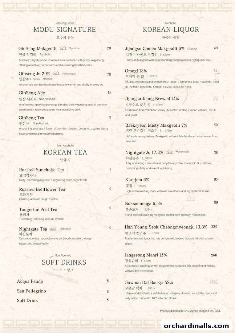 Menu page for MODU Samgyetang Specialty Korean Restaurant  Orchard