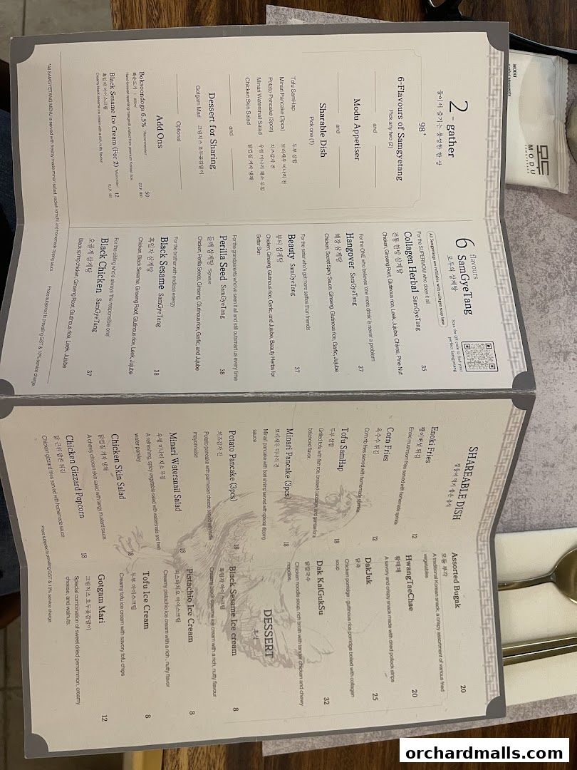 Menu page for MODU Samgyetang Specialty Korean Restaurant  Orchard