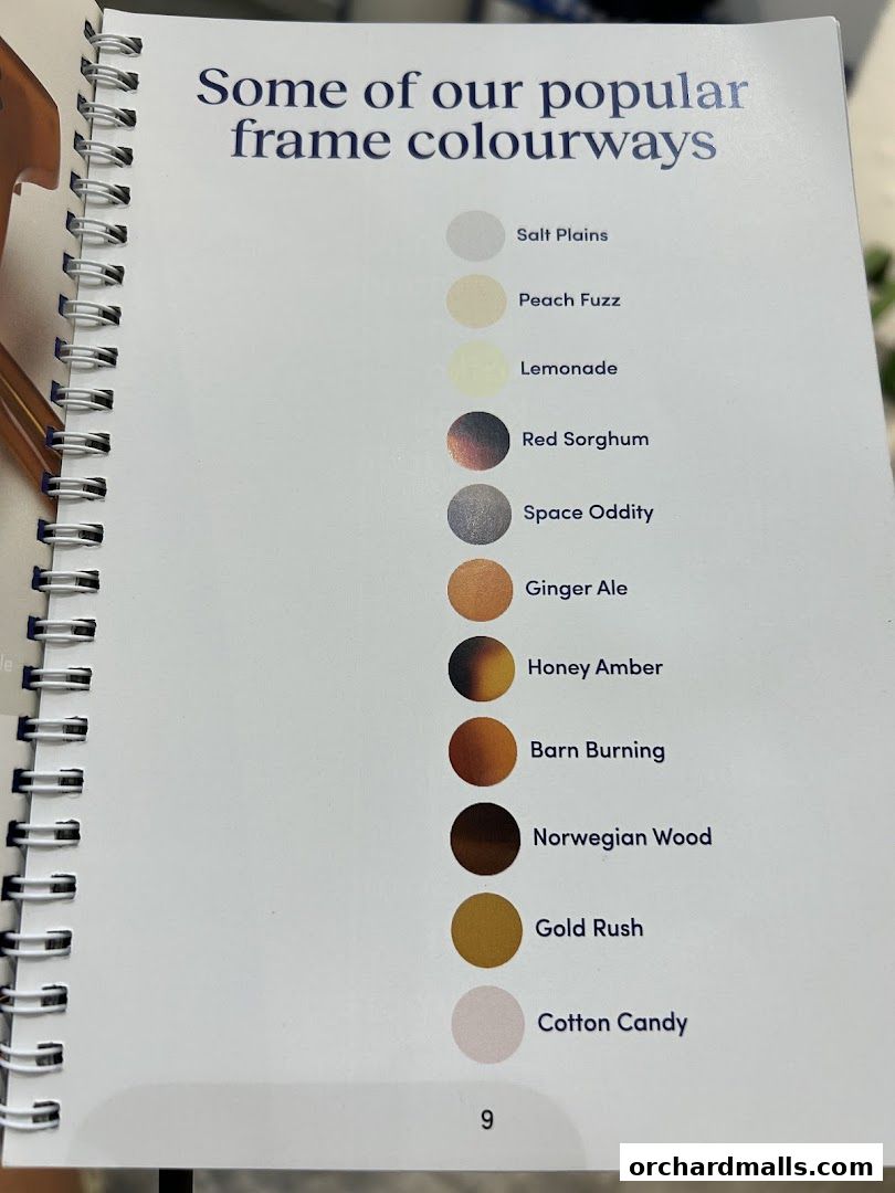 A catalog page showcasing popular frame colorways with swatches and names.