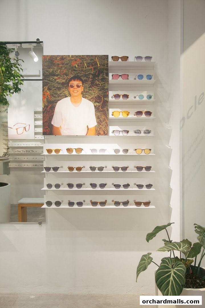 Interior view of Monocle shop displaying various sunglasses on shelves.