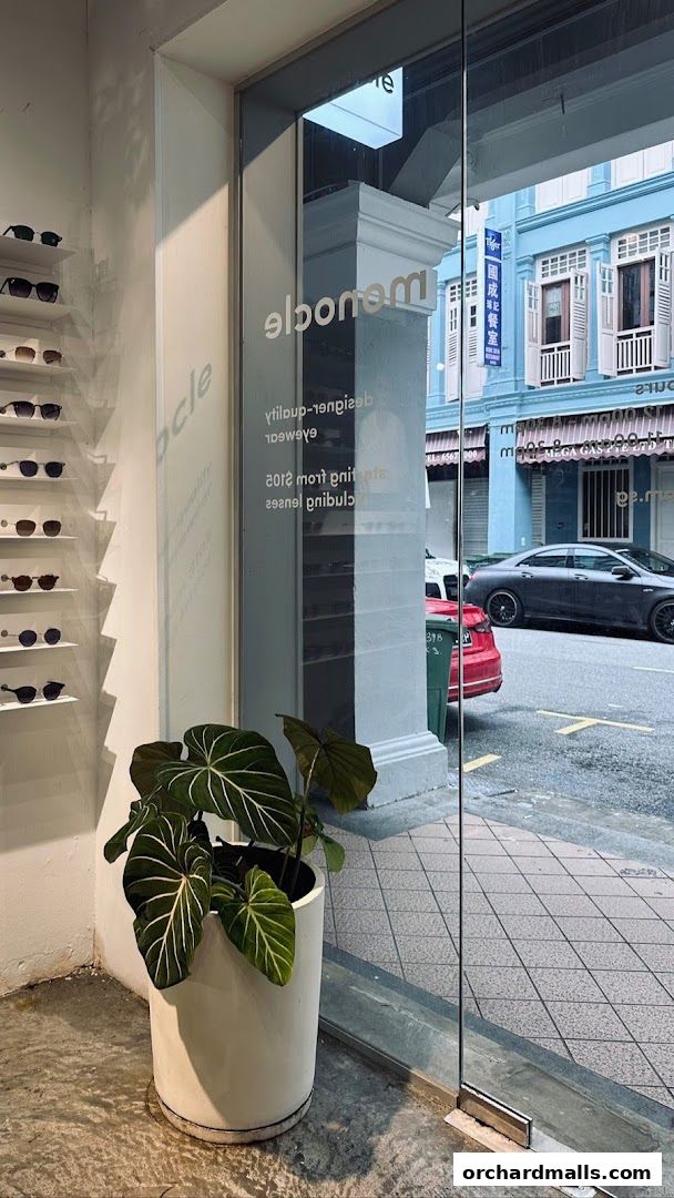 Monocle shop entrance with sunglasses display and a large potted plant.