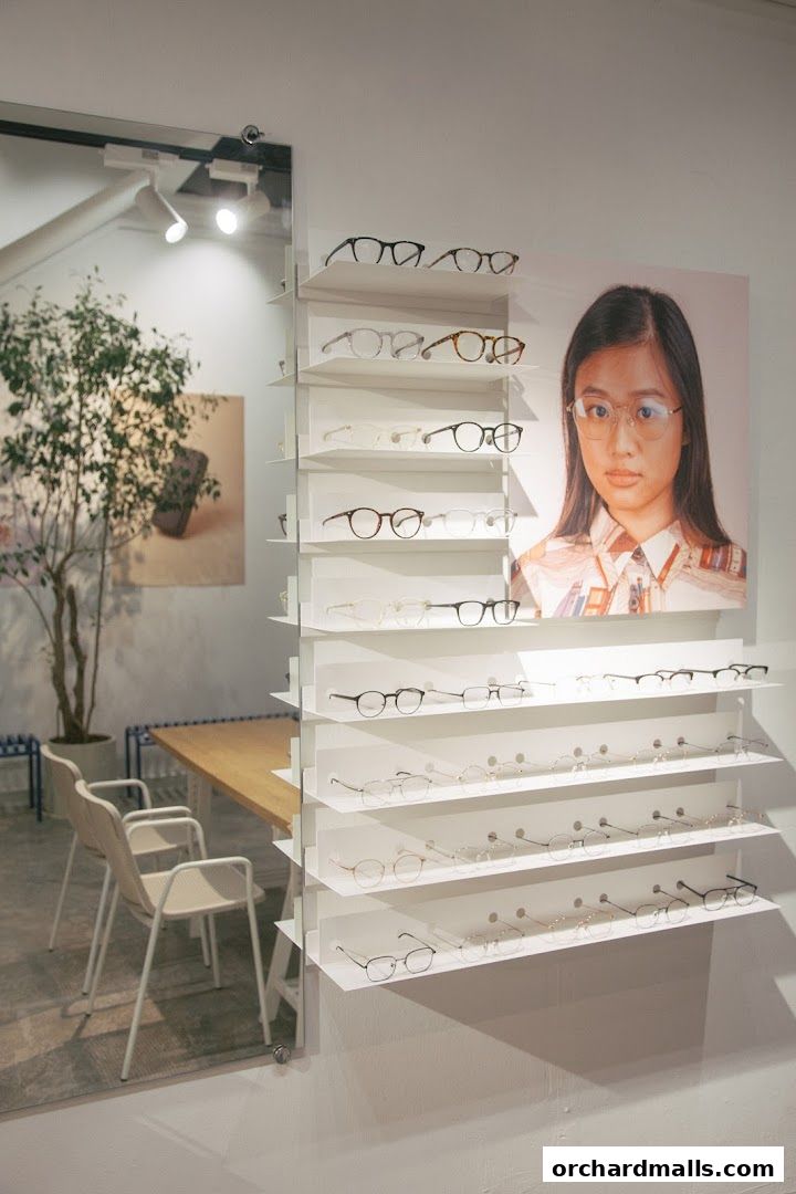 A modern eyewear shop interior with glasses displayed on shelves and a model's portrait.