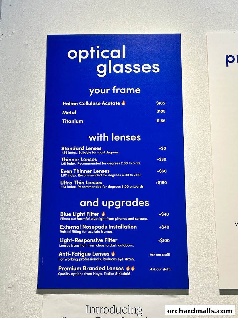 A price list for optical glasses frames, lenses, and upgrades.