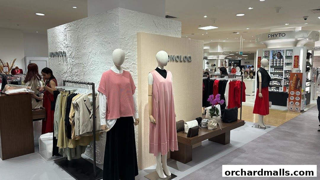 Interior view of a clothing store with mannequins, clothing racks, and displays.
