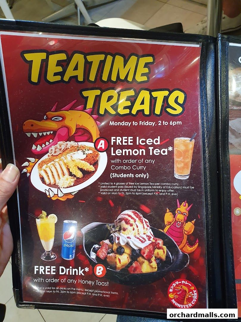 A menu featuring 'Teatime Treats' with offers for free drinks and iced lemon tea.