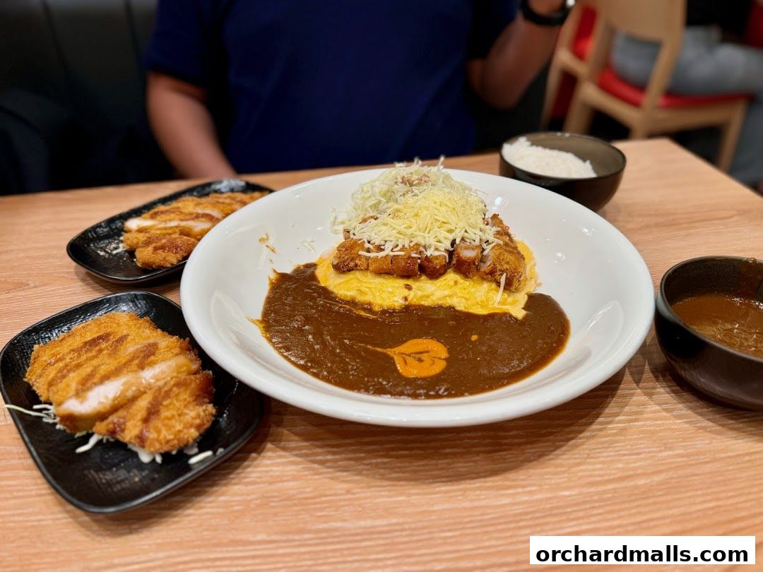 A delicious plate of Japanese curry with katsu, omelette, and rice, served with a side of curry sauce.