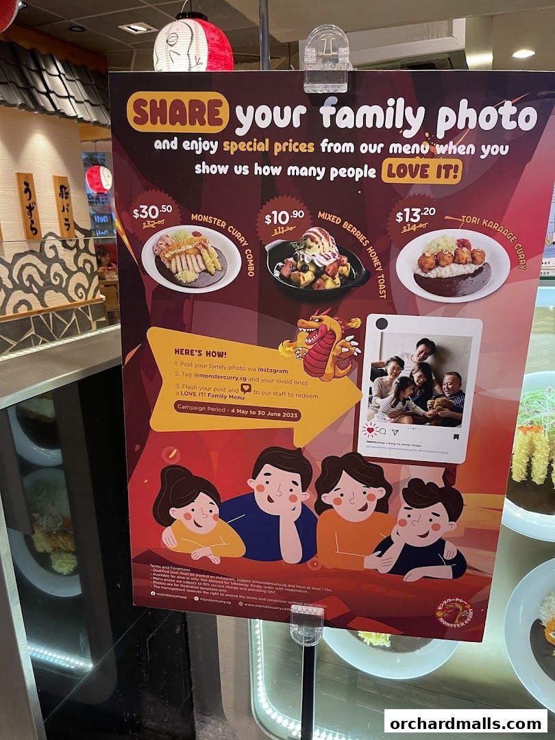 A promotional poster for Monster Curry featuring family photos and special menu items.