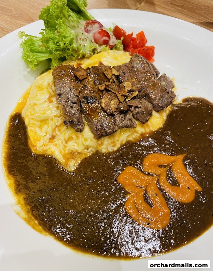 A delicious plate of Japanese curry with tender beef, fluffy omelette, and a side salad.