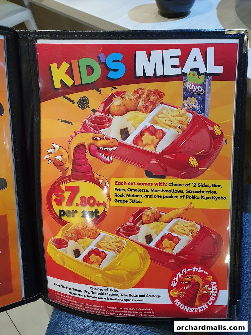 A menu page for Monster Curry's Kid's Meal, featuring food served in car-shaped containers.