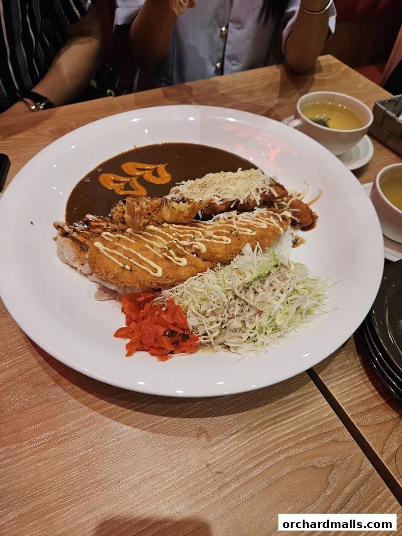 A plate of Japanese curry with fried toppings and a side of salad and pickled ginger.