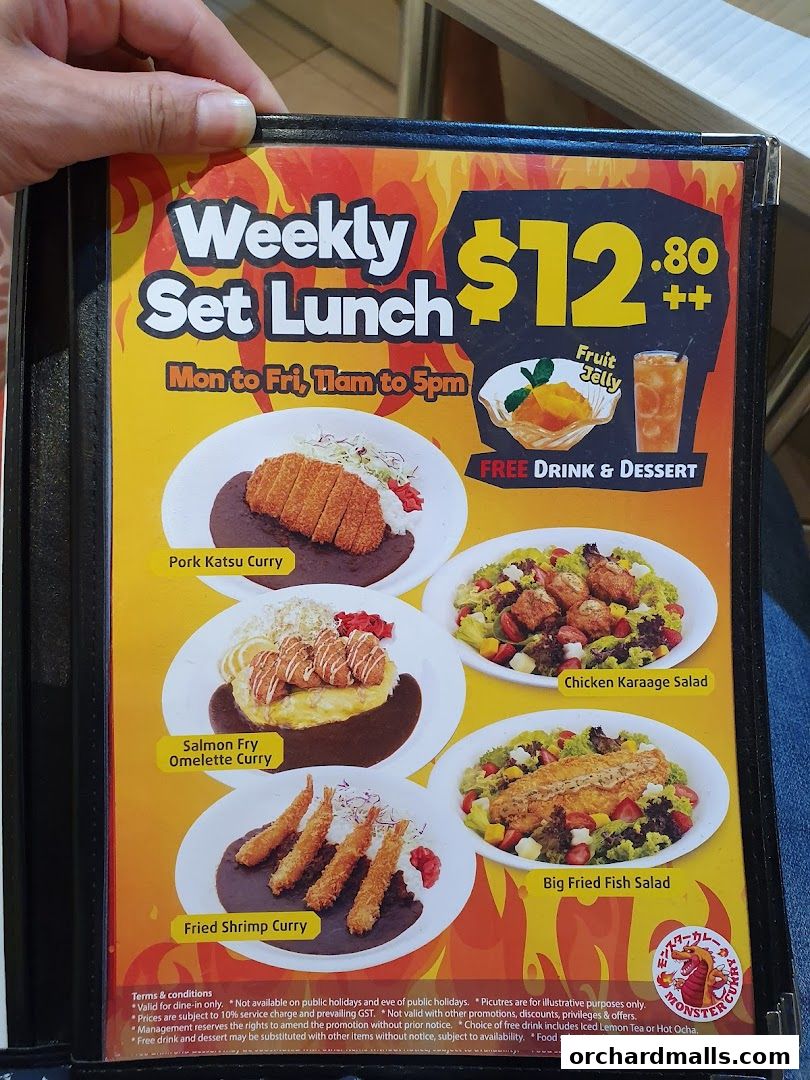 A menu for Monster Curry's weekly set lunch featuring various curry dishes and salads.