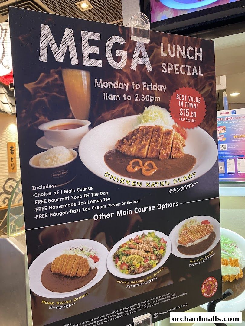 A sign advertising a Mega Lunch Special at Monster Curry, featuring various curry dishes and sides.