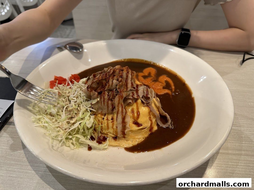 A person is about to eat a delicious Japanese curry dish with sliced pork and omelet.