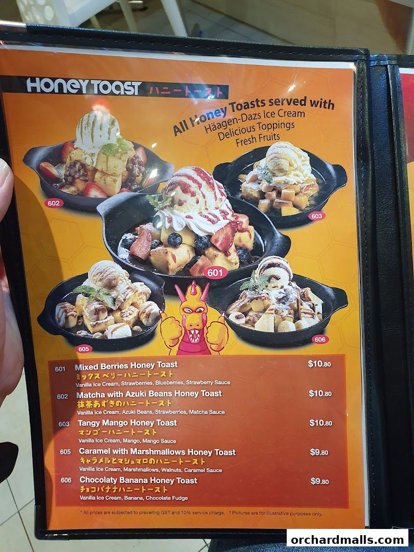A menu page showcasing various honey toast desserts with ice cream and toppings.