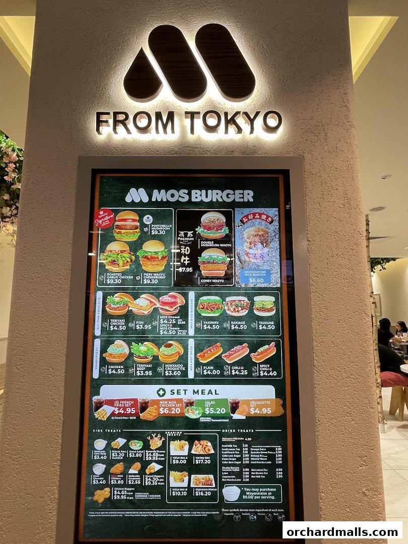 A menu board for MOS Burger, showcasing various burgers, set meals, and drinks.