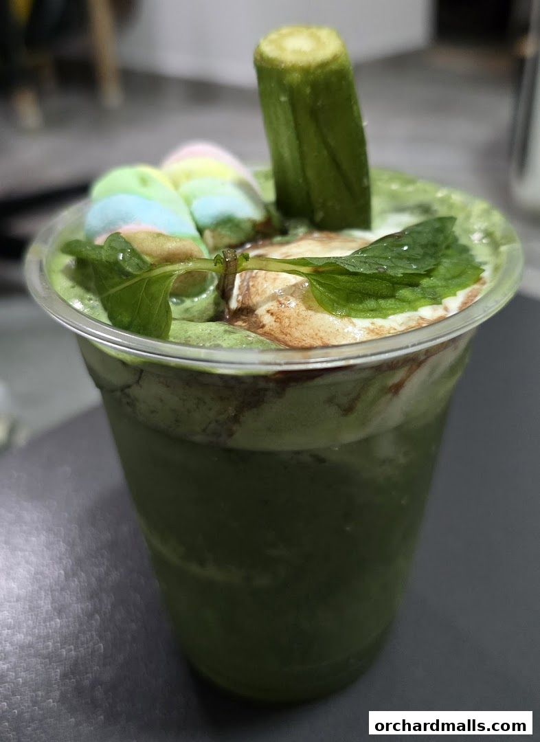 A refreshing green drink topped with marshmallows, mint, and a chocolate drizzle.