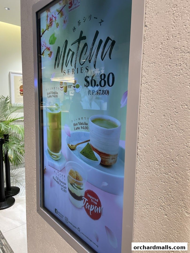 A promotional poster for MOS Burger's Matcha Series, featuring various matcha drinks and desserts.