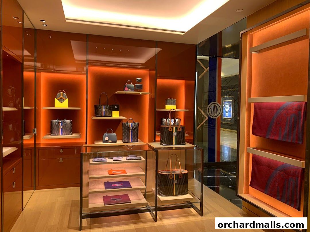 Interior view of a luxury handbag and accessory store with orange accents and illuminated displays.