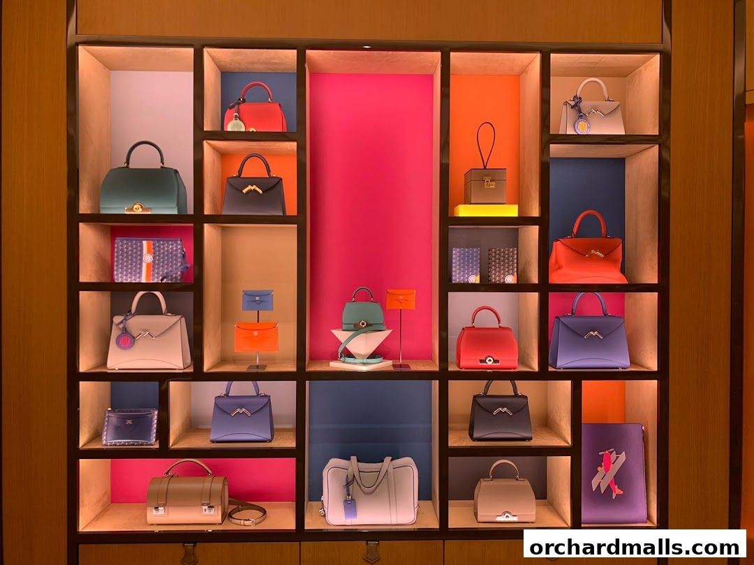 A display of various luxury handbags in different colors and styles on shelves.