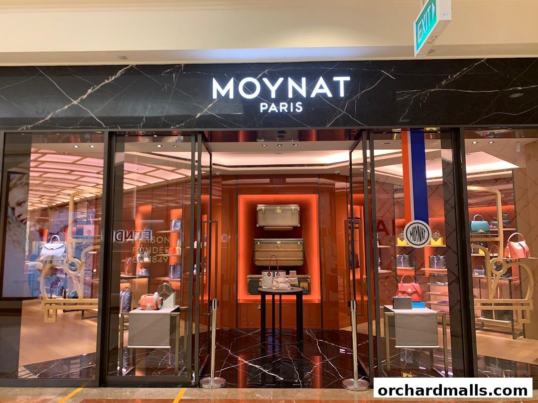 The MOYNAT PARIS store entrance showcases luxury handbags and luggage in a well-lit, elegant display.