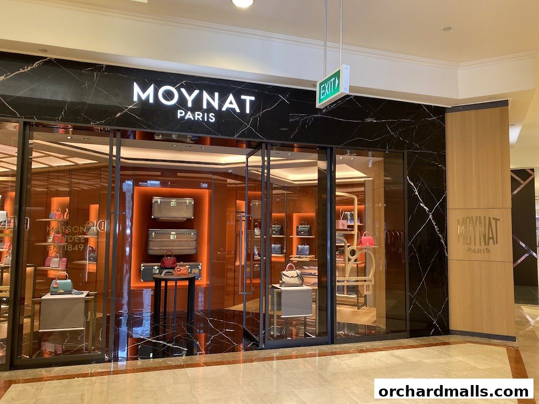 The MOYNAT PARIS store entrance showcases luxury handbags and luggage in a modern, elegant display.