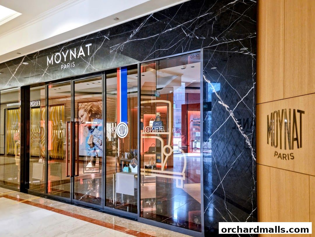 The elegant MOYNAT Paris store entrance with marble facade and display windows.