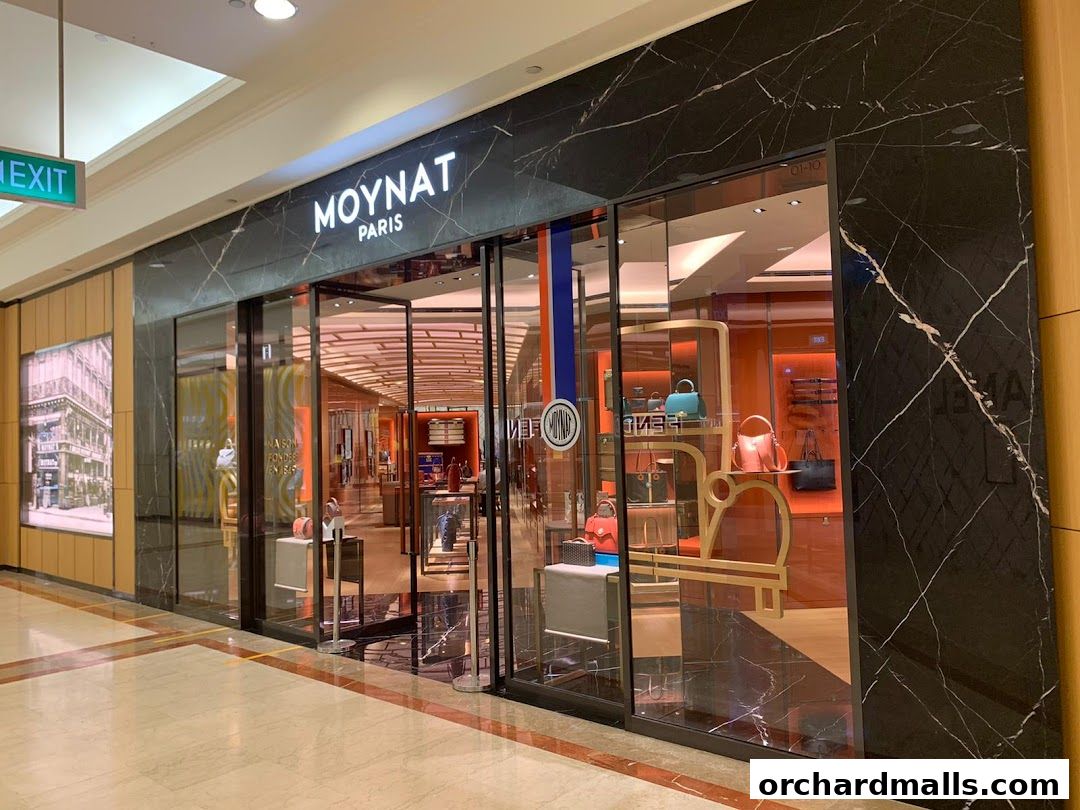 The elegant MOYNAT PARIS store entrance with luxurious handbags displayed inside.