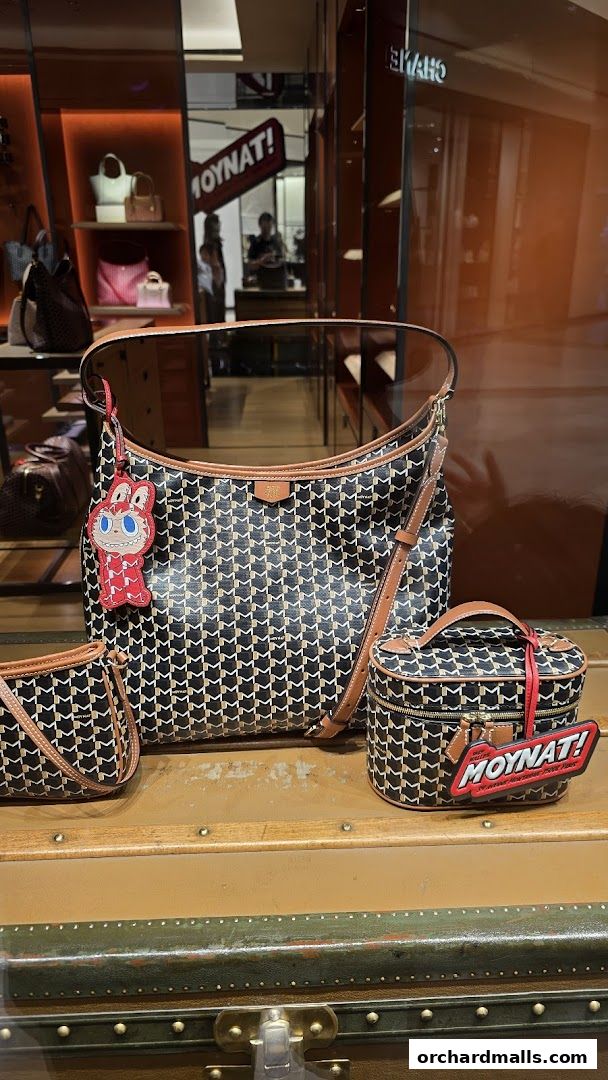 Moynat handbags and accessories displayed in a shop window.