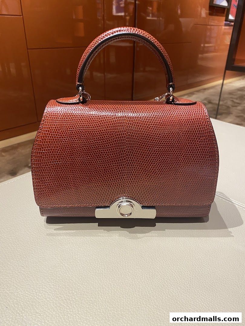 A close-up of a textured brown leather handbag with a silver clasp.