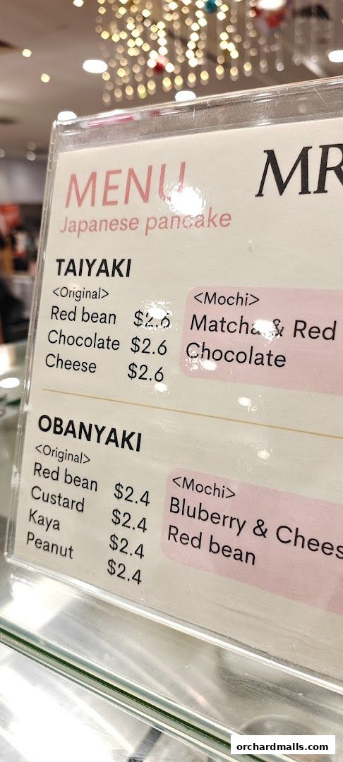 A menu for Japanese pancakes, featuring Taiyaki and Obanyaki with various fillings.
