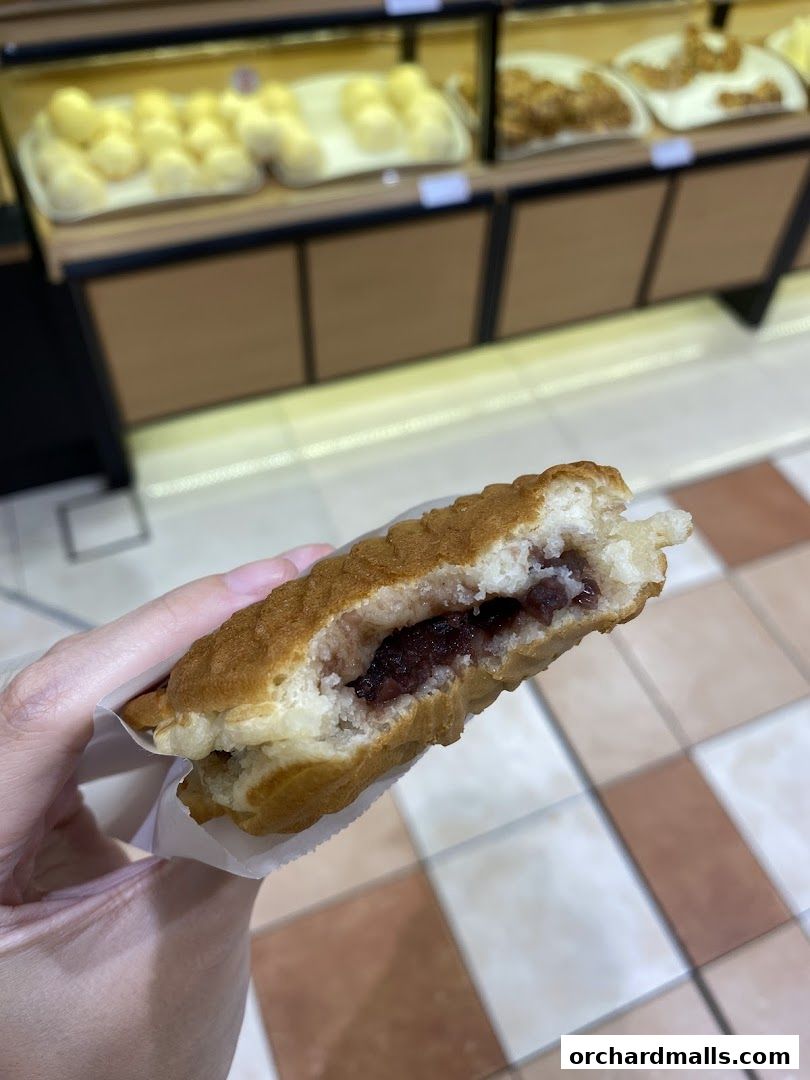 A hand holds a half-eaten taiyaki pancake filled with red bean paste.
