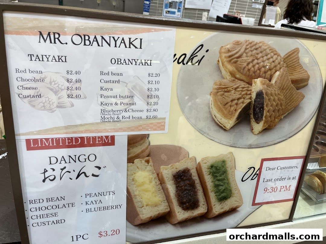 A menu board for Mr. Obanyaki featuring Taiyaki, Obanyaki, and Dango with prices.